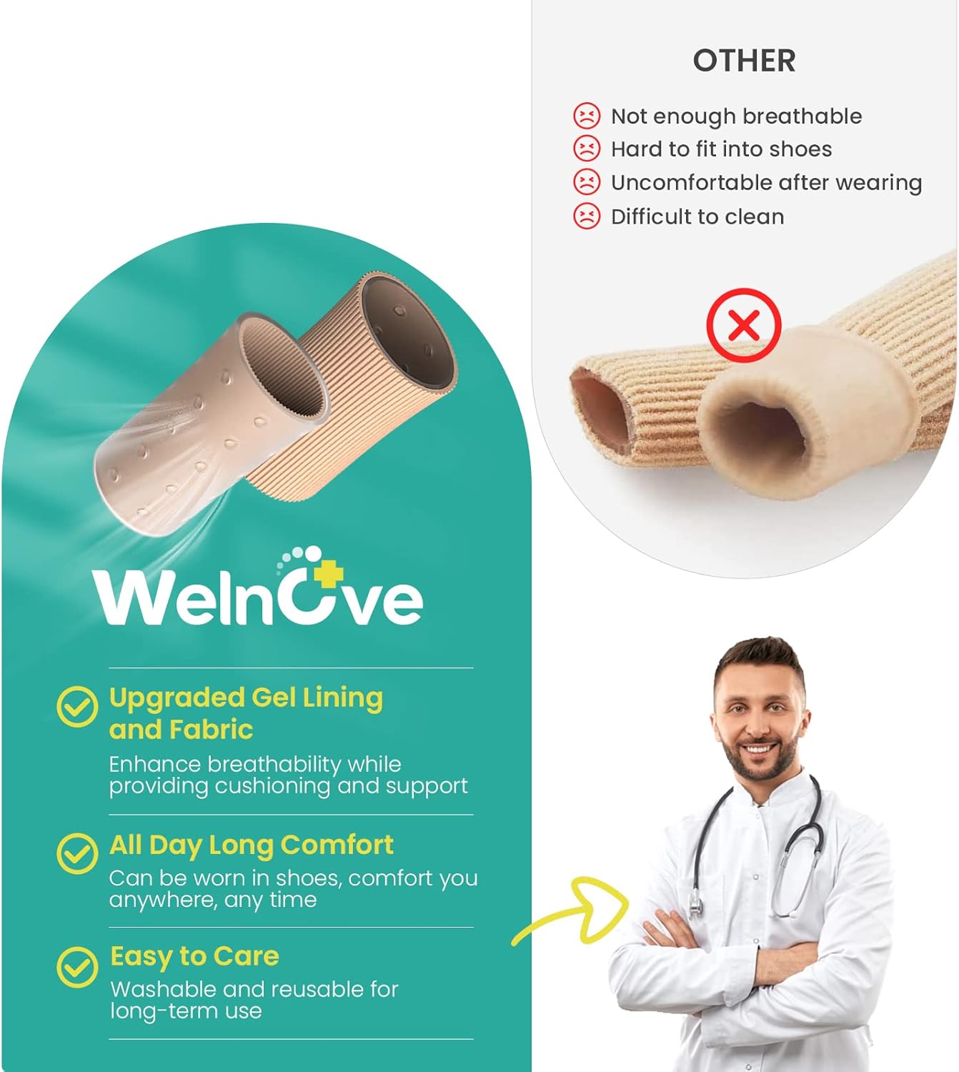 Welnove Toe Tubes Sleeves Protectors - 6 Pack Toe Cushions for Pain Relief - Fabric & Breathable Gel Lining Toe Protectors for Corns, Calluses, Blisters (Large Size)