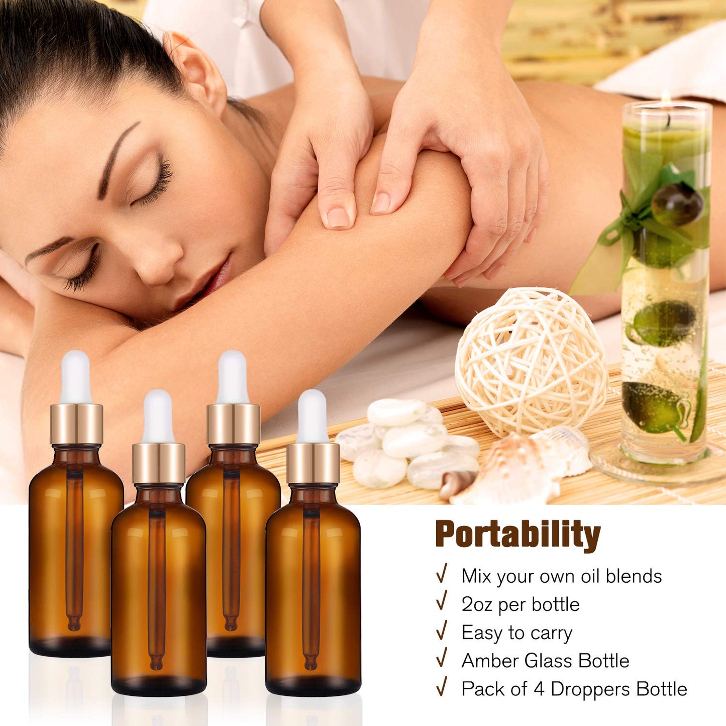 PrettyCare 2 oz Dropper Bottles, 4 Pack Amber Glass Bottles 60ml with Golden Caps, 12 Labels, Funnel & Measured Pipettes-Empty Tincture for Essential Oils & Skincare