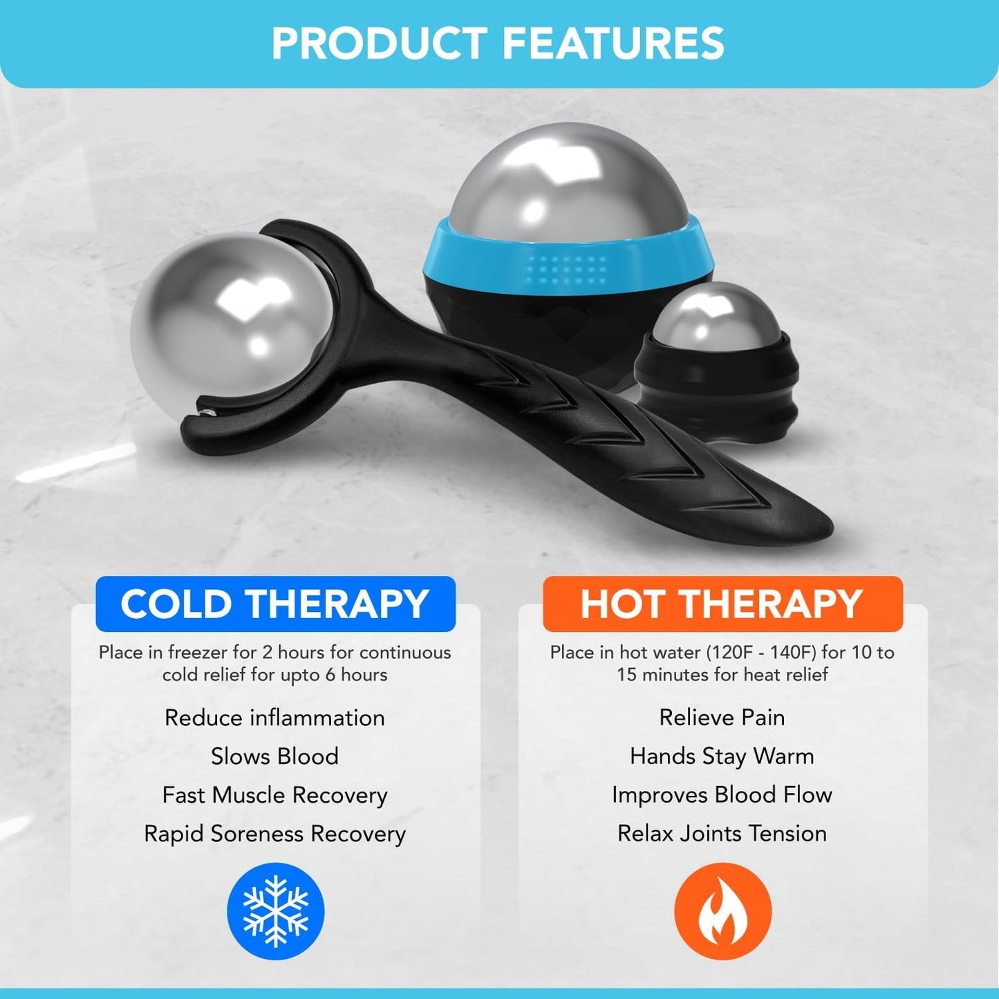 Cold & Hot Therapy Massage Balls – Set of 3 Ice and Heat Physical Therapy Tools for Deep Tissue, Myofascial Release, Trigger Point, Plantar Fasciitis - Back, Neck, Foot, Face, Muscle Pain Relief