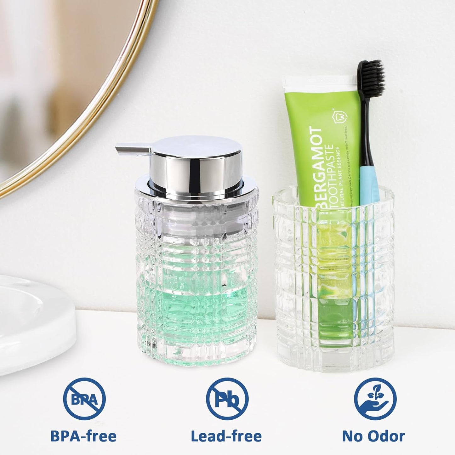 Bathroom Glass Soap Dispenser with Durable Rust-Proof Plastic Liquid Pump (Can't Foam) Hand Lotion Dispenser Antislip Shampoo Kitchen 10oz