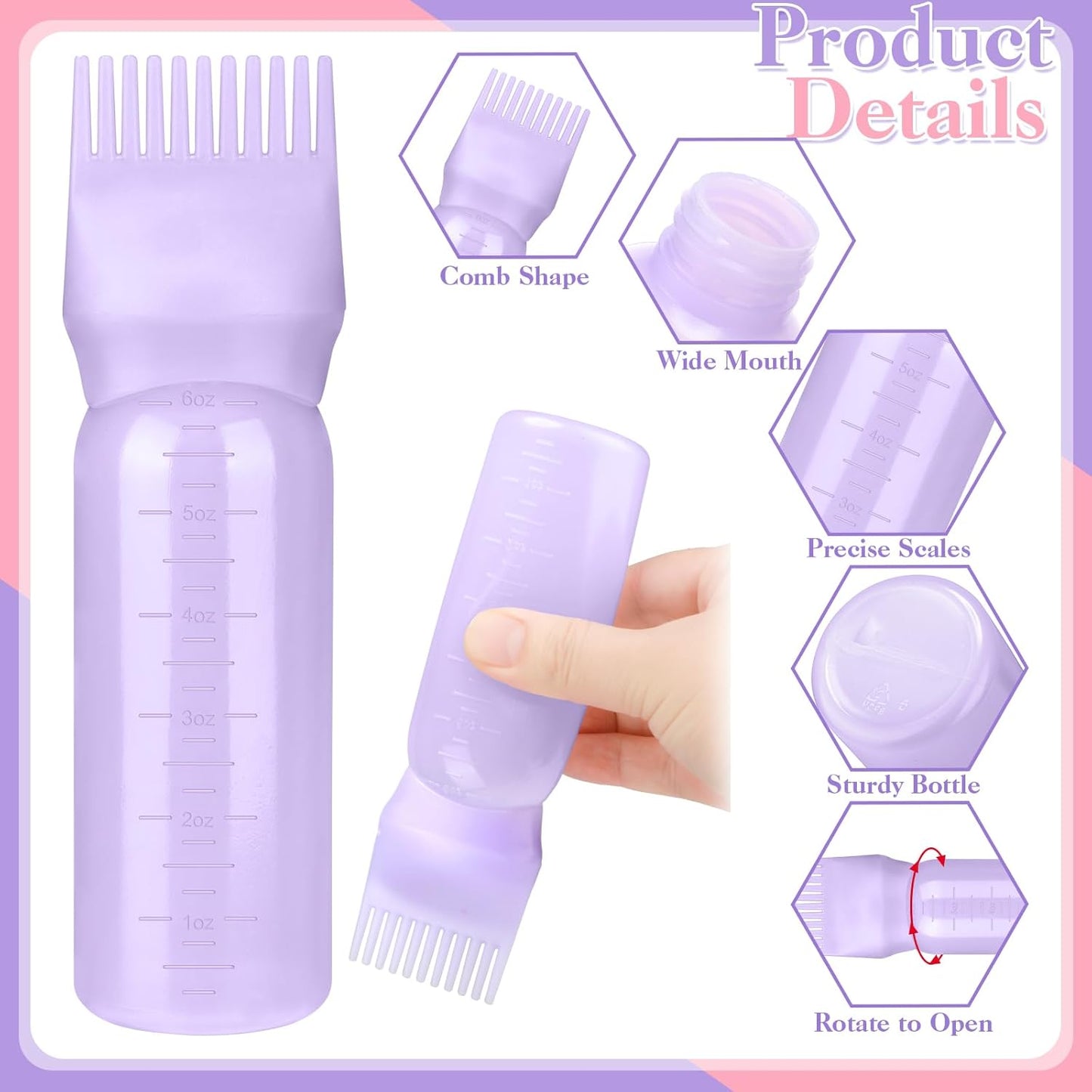 2 Pack Hair Oil Applicator Bottle for Scalp with Massage Comb,6 OZ Hair Oil Bottle with Root Comb for Scalp, Shampoo Scrubber Applicator,Hair Dye Tools(Purple, white)
