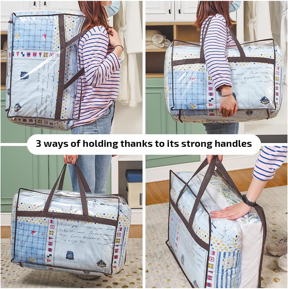 Clear Zippered Storage Bags (3-Pack) Closet Organizer Vinyl Bag for Bedding, Linen, Blankets, Duvet Covers, Comforters, Clothes, Toys | Multi Purpose & Space Saver PVC Organizers, 55 L, Brown