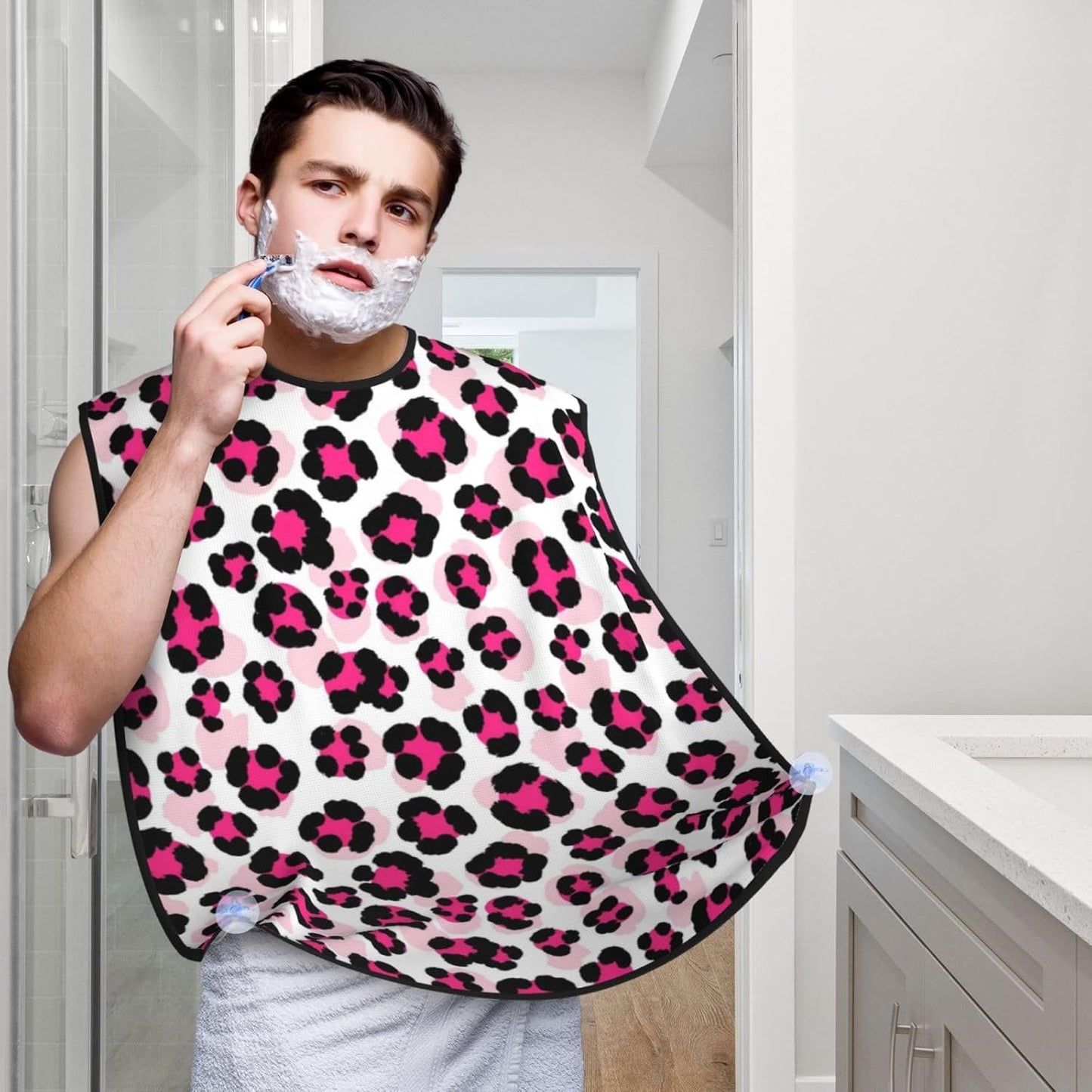 Non-Stick Beard Shaving Bib, Hair Catcher Apron with Suction Cups, Waterproof Grooming Tool for Men Husband, Pink Cheetah Animal Skin Leopard Print Shave Bib