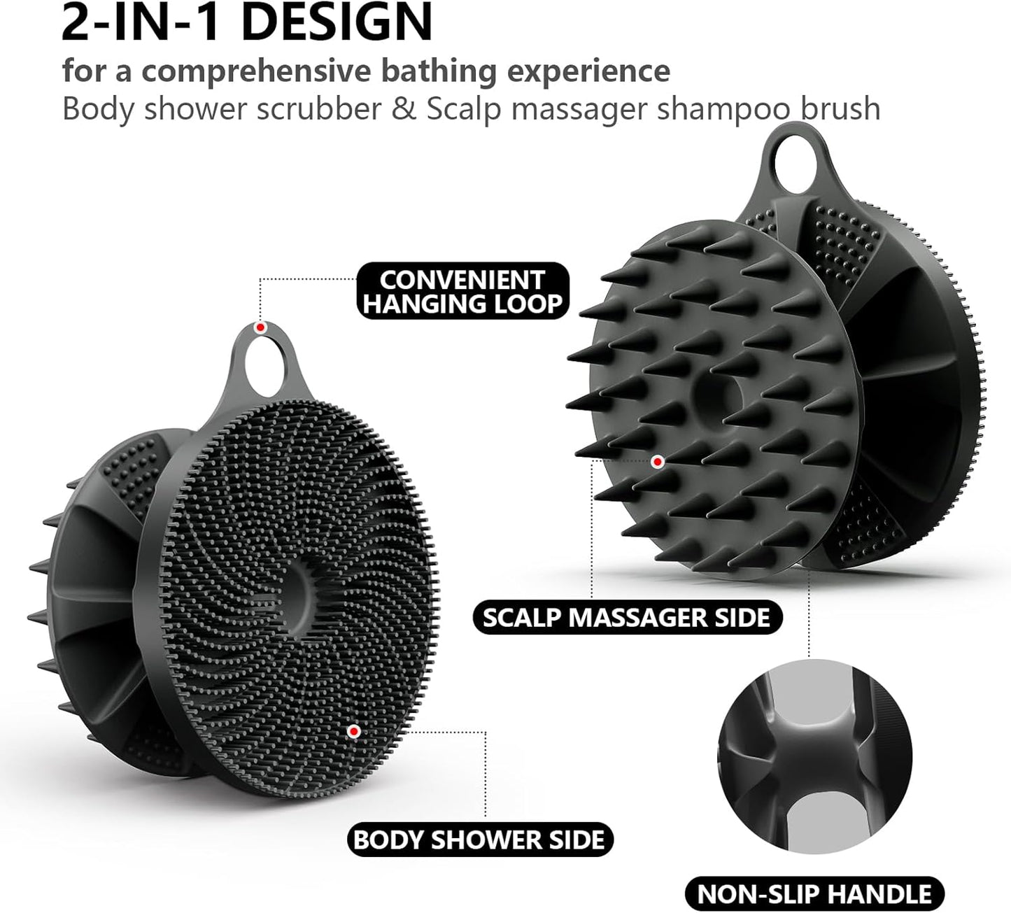 2 in 1 Silicone Brush, BEAUTAIL Body Shower Scrubber and Scalp Hair Massager Shampoo Brush, Deeply Cleanse Skin, Dandruff Removal and Hair Growth, Gentle for Women Men Sensitive Skin, 1 Pack (Black)