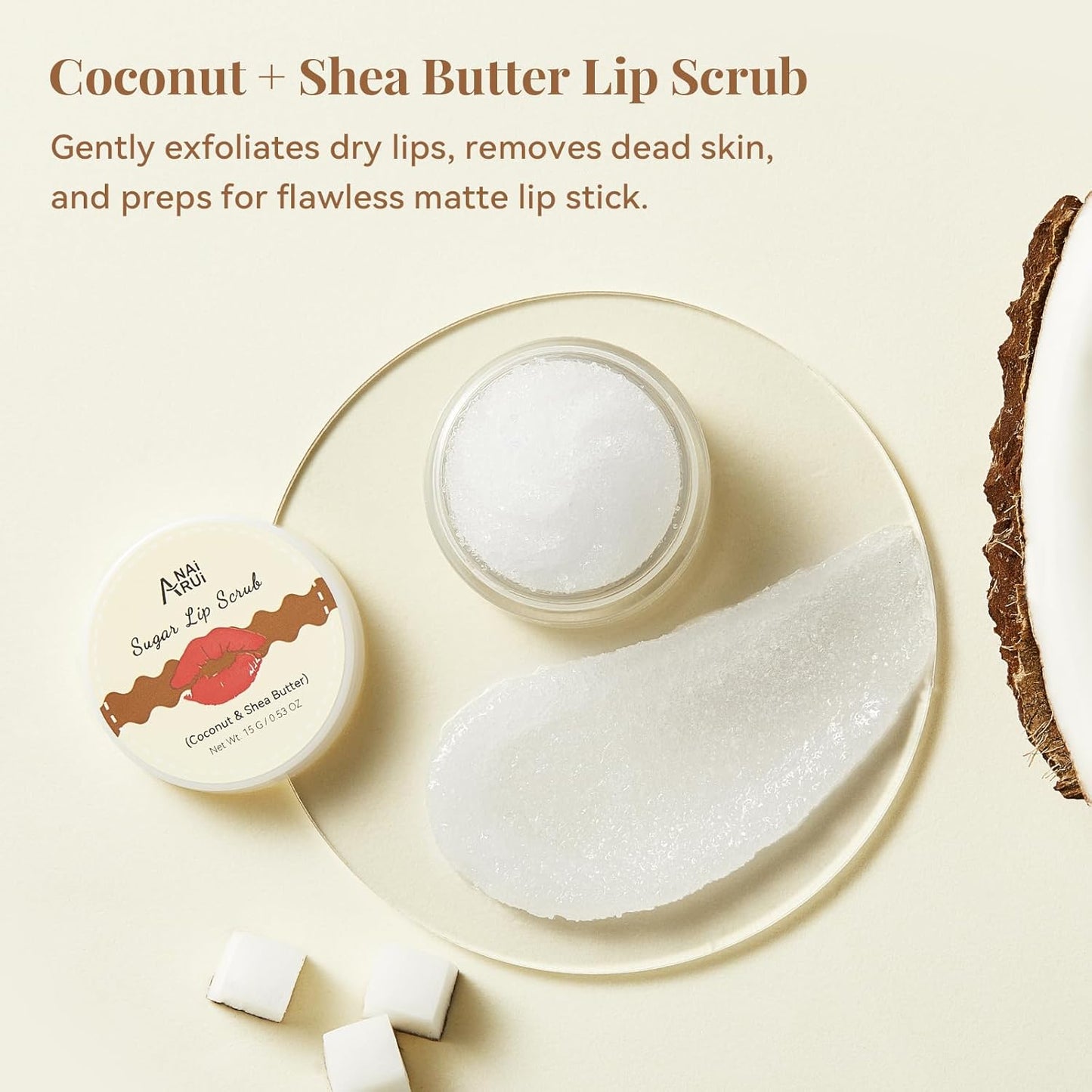 ANAI RUI Coconut Lip Scrub & Lip Mask Set with Shea Butter, Lip Scrubber Exfoliator Enriched with Vitamin E, Sugar Scrub for Dry Lips, Hydrating Lip Mask for Overnight Use, Christmas Gifts for teens