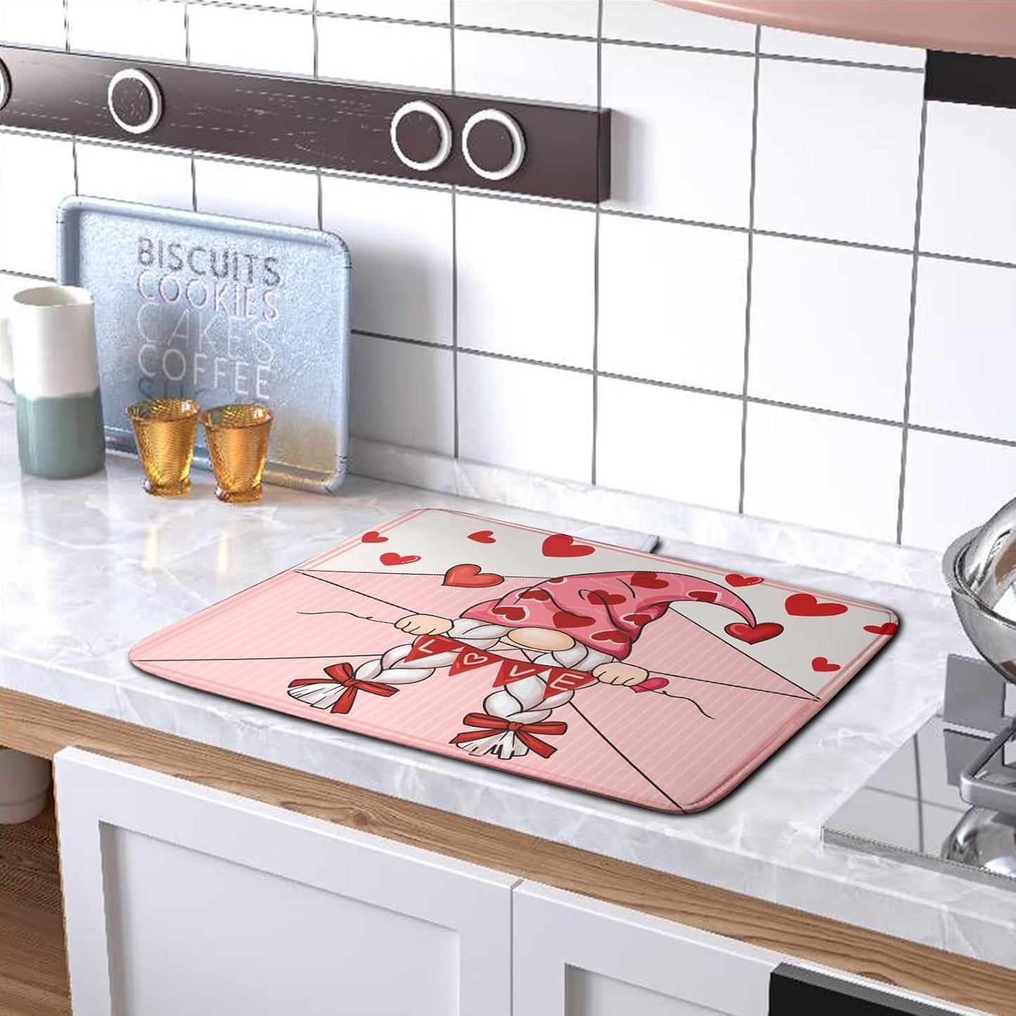 Valentine's Day Love Letter Dish Drying Mat for Kitchen Counter, Love Letter Gnome Absorbent Dish Pad Large Dish Drainer Mats for Countertop 18x24 Inch