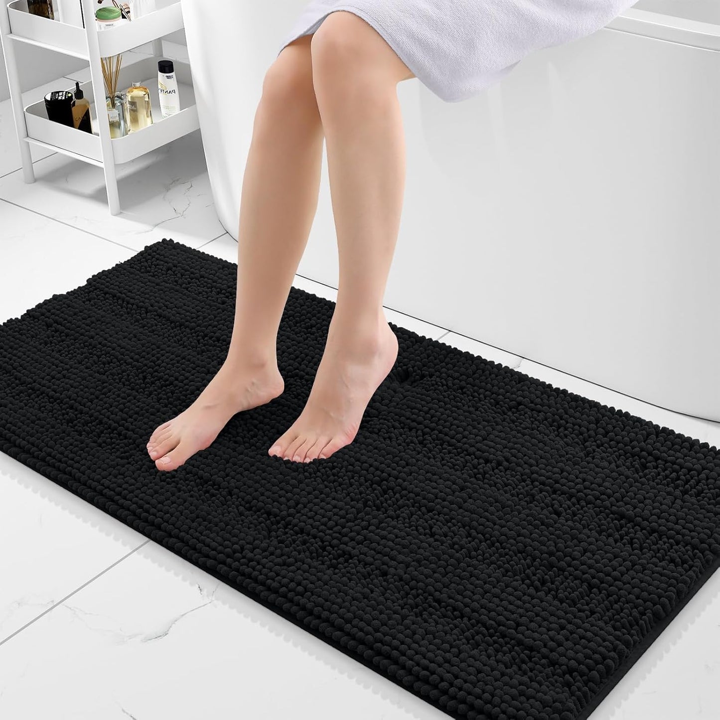 Grandaily Chenille Striped Bathroom Rugs 47x20, Extra Thick and Absorbent Bath Mats, Non-Slip Soft Plush Shaggy Shower Carpet, Machine Wash Dry, Bath Rug for Bathroom, Black