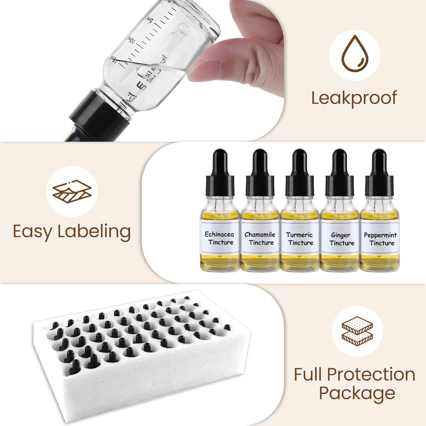 50 Pcs 1/2oz Clear Glass Dropper Bottles with Measurement, 15ml Leakproof Tincture Bottles with Funnels, Eye Droppers, Extra Caps & Labels, Refillable Empty Bottle for Tinctures, Essential Oils