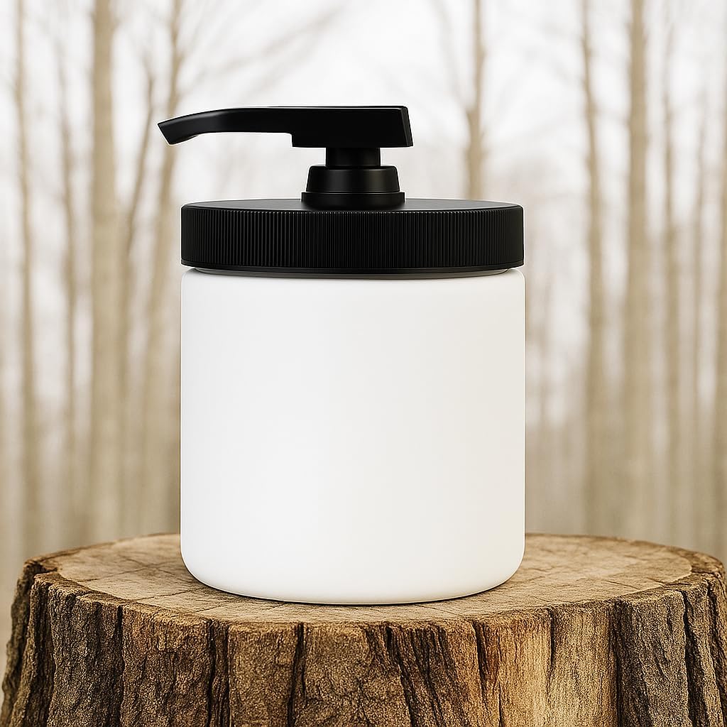 Royal Massage 16oz Refillable Pump Jar with Locking Dip Tube Dispenser – BPA-Free Plastic Container for Massage Oils, Lotions, Creams – Ribbed Lid Wide-Mouth Jar – Durable & Reusable (White/Black, 2)
