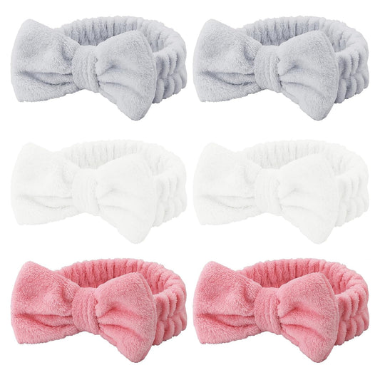 Casoty 6 Pcs Skincare Spa Headband Make Up Headbands, Bow Hair Band, Soft Coral Fleece Facial Headbands for Washing Face, Towel Head Band for Face Washing Shower Skin Care Yoga