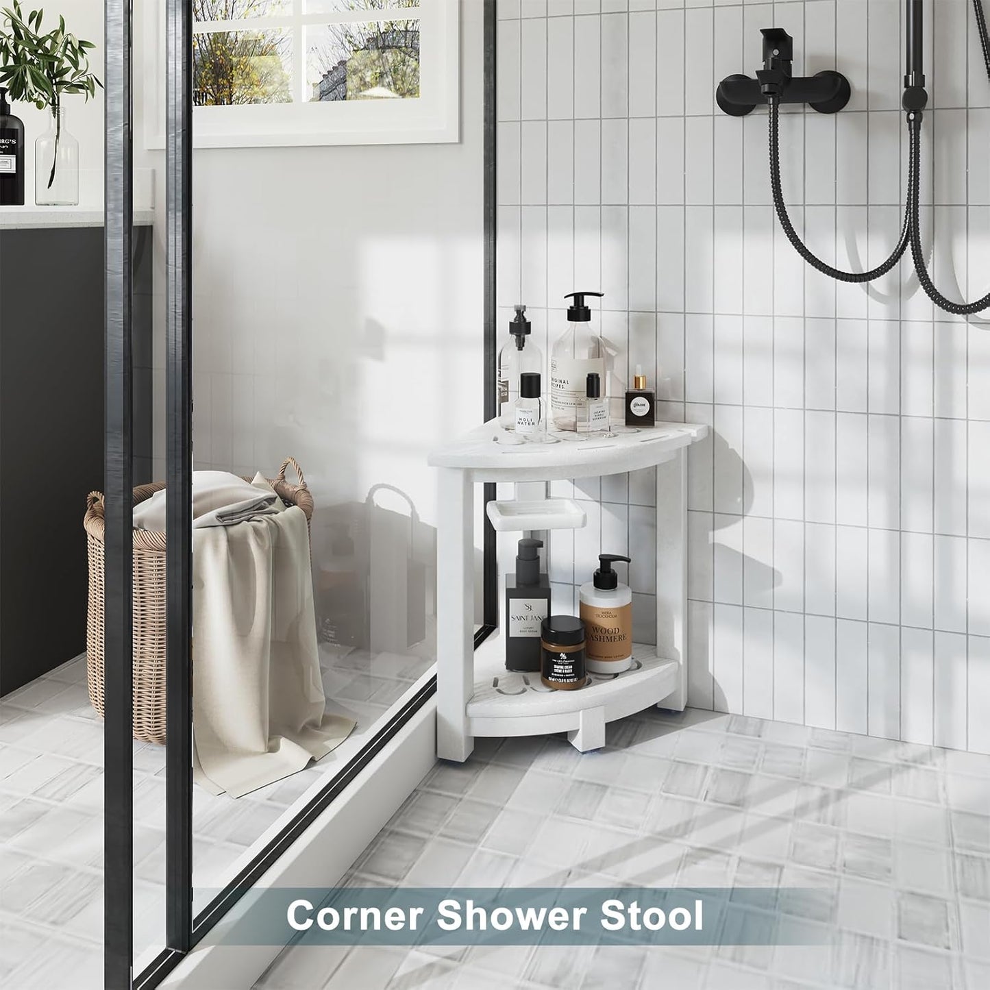 NALONE Corner Shower Stool, HDPE Shower Bench for Inside Shower, Small Shower Chair Seat for Shaving Legs with Storage Shelf, Soap Box and No-Slip Feet (White)