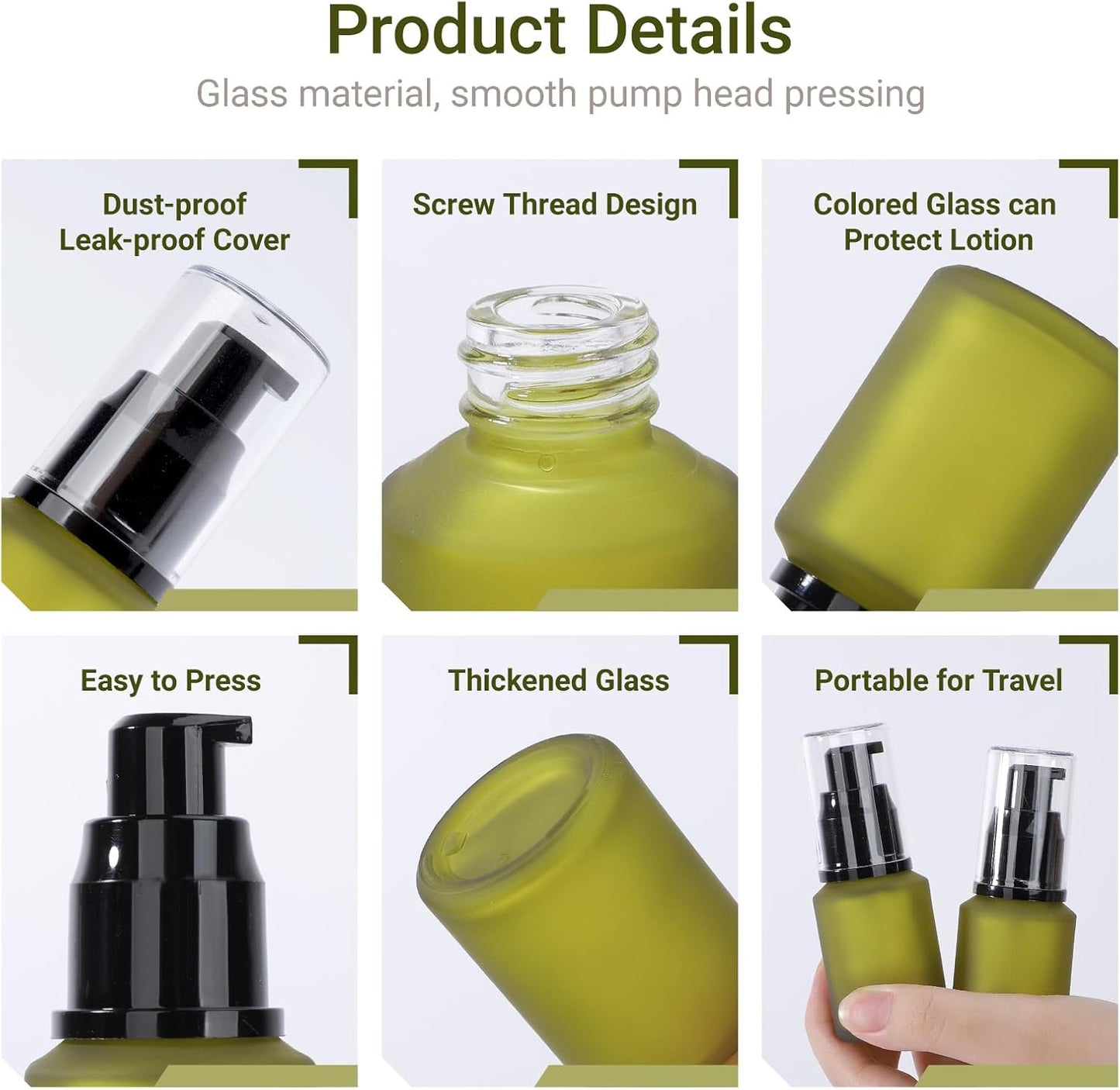 Segbeauty 1oz Frosted Glass Empty Travel Size Containers for Creams, 5pcs Refillable Lotion Pump Bottle Dispenser, 30ml Small Liquid Travel Containers, Green Mini Lotion Container Pump Dispensers