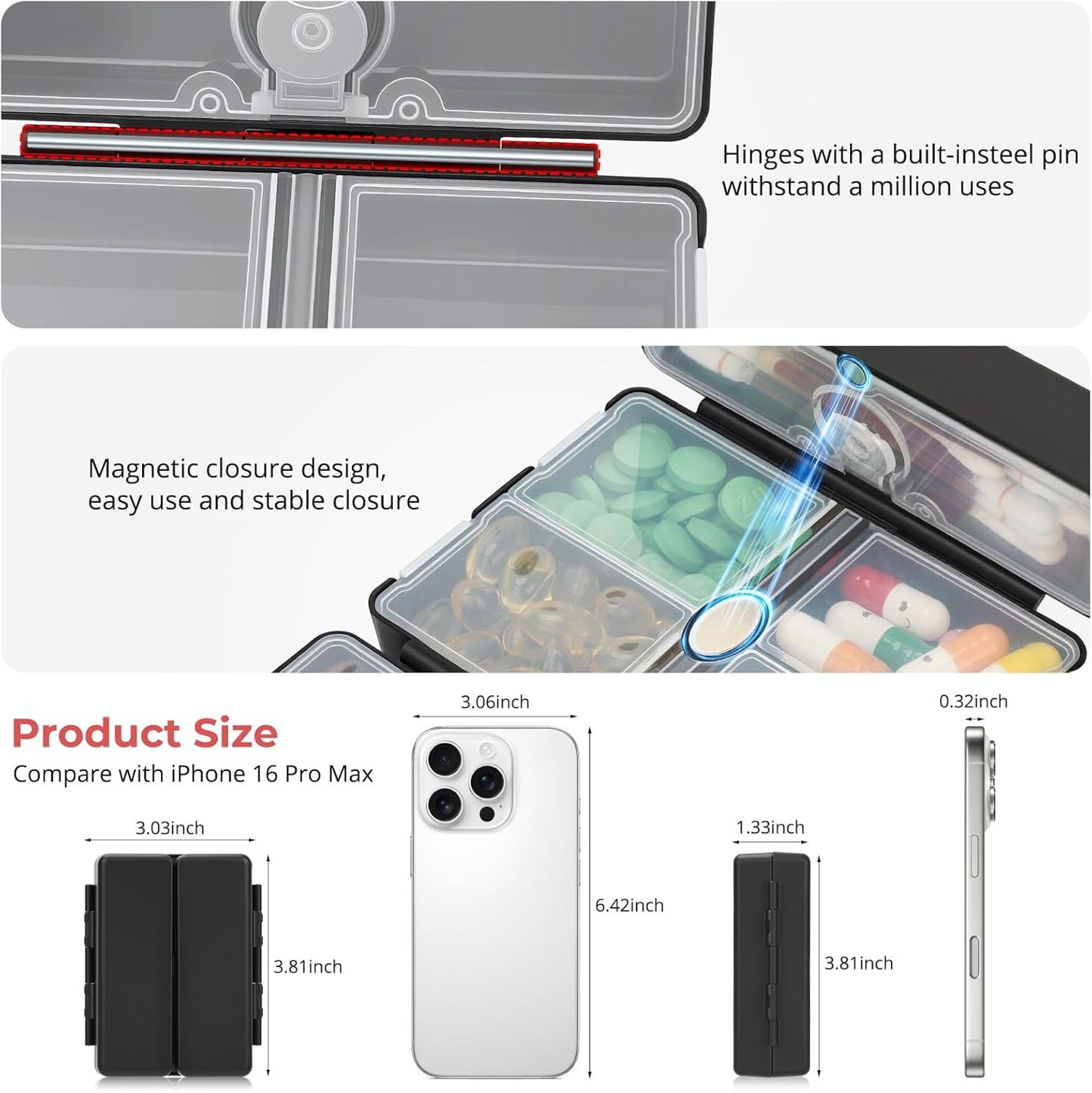 Zentiky Small Daily Pill Organizer with Labels, Medicine Pill Organizer Fit with Your Purse or Pocket for Travel to Hold Vitamin, Fish Oil, Supplement,Cotton Swabs, Bandages or Jewelry-Black