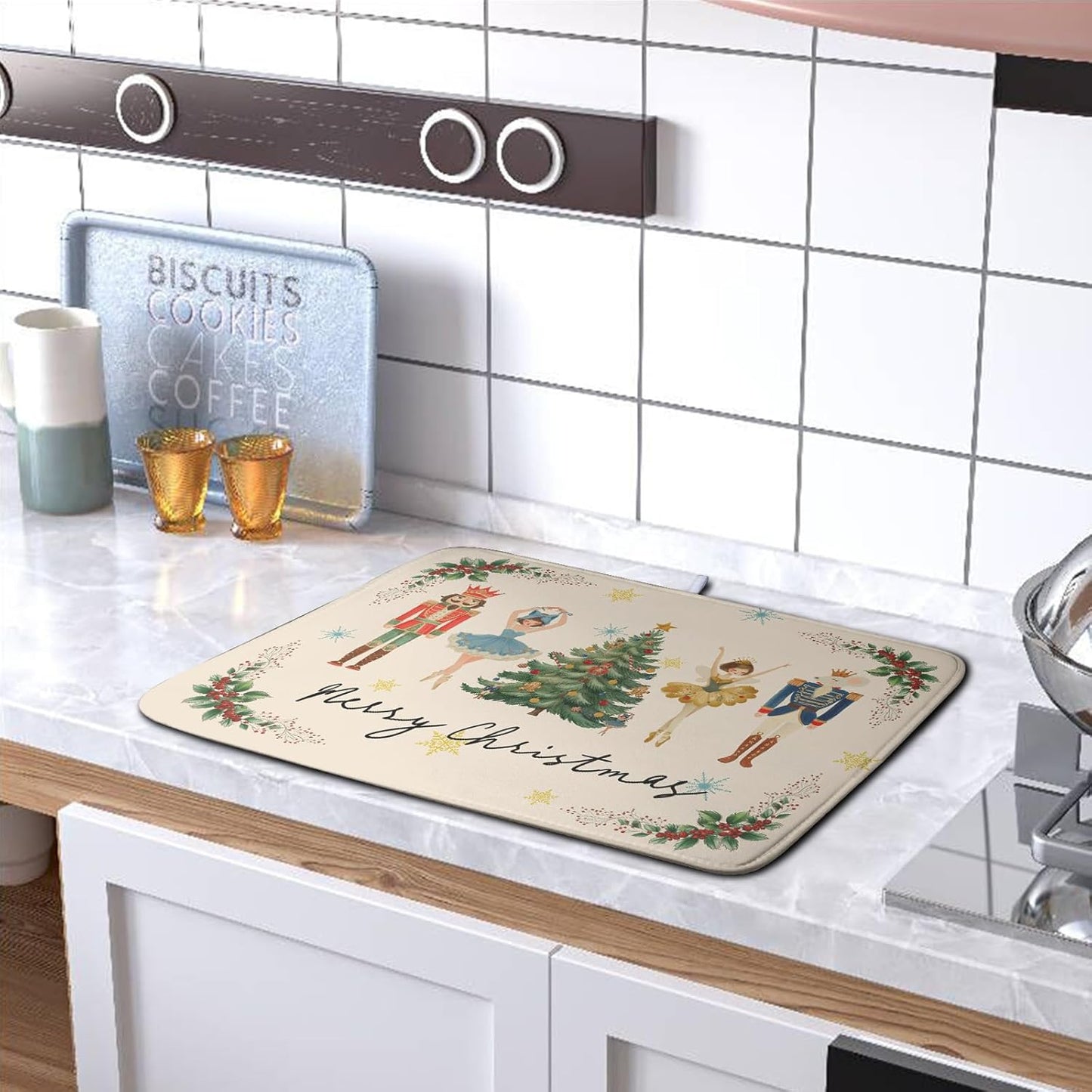 Merry Christmas Nutcracker Dish Drying Mat for Kitchen Counter 18x24 Inch Winter Xmas Tree Snowflakes Drying Mats Microfiber Absorbent Dish Drainer Washable Dish Rack Pad for Sink Coffee Bar