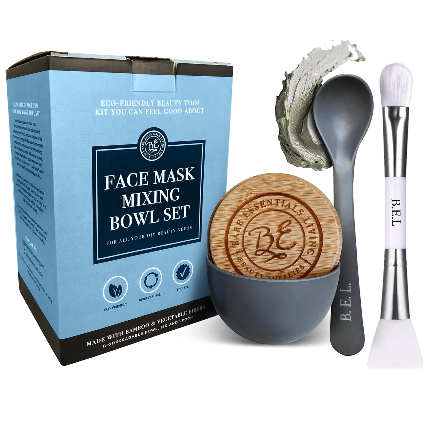 Bare Essentials Living - Clay Face Mask Mixing Bowl Set, Skin Care Kit Facial Bowls with Bamboo Lid, Face Mask Spoon, & Dual Sided Face Mask Brush Applicator for DIY Clay Mask, Facials & Hair (Grey)
