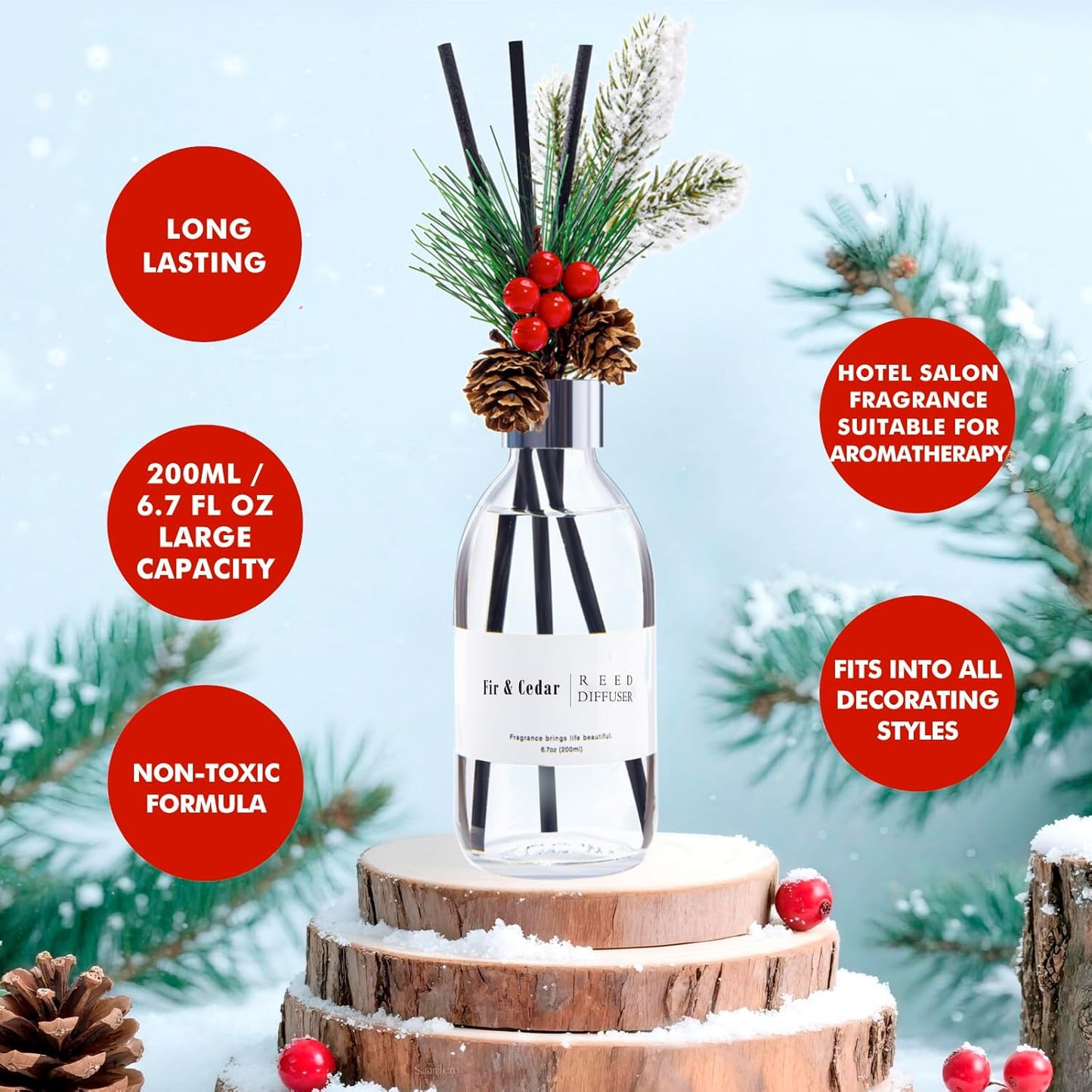 Clesh Reed Diffuser Set, 6.7 oz Cedar Scented Diffuser with Sticks, Home Fragrance Reed Diffuser for Bathroom Shelf Decor