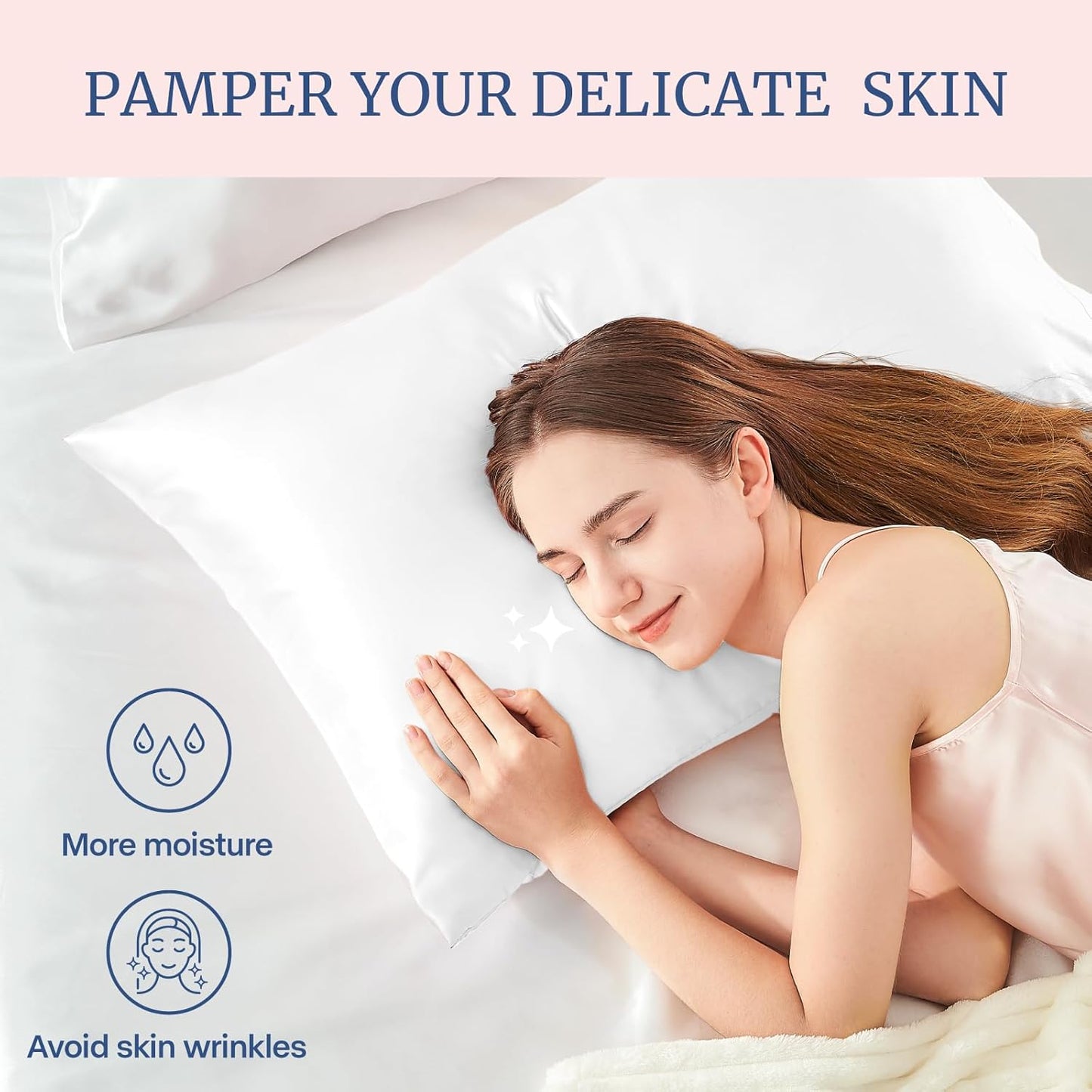 BEDELITE Satin Pillowcase for Hair and Skin, Super Soft and Cooling Similar to Silk Pillow Cases 2 Pack with Envelope Closure, Gift for Women Men(20"x26" Standard Size, White)