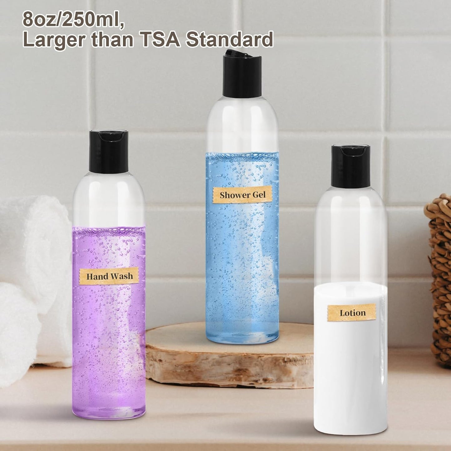 2 Pack 8 oz Plastic Squeeze Bottles with Black Disc Caps Refillable Clear Empty Containers Travel Bottles for Toiletries Conditioner Shampoo Lotions Gels