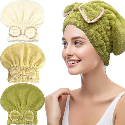 Jseng 3Packs Microfiber Hair Towel for Women - Quick-Drying, Super Absorbent Hair Wrap with Bow Design, Soft Hair Towel Turban for Curly Long Wet Hair