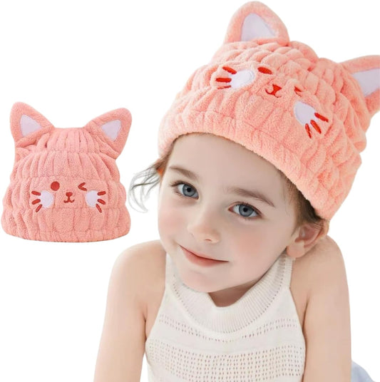 Microfiber Hair Towel Wrap for Kids, Pink Cat Dry Hair Cap Suck Water, Absorbent Quick Girls Boys Hair Drying Towel, Lightweight Bouncy Hat Headscarf