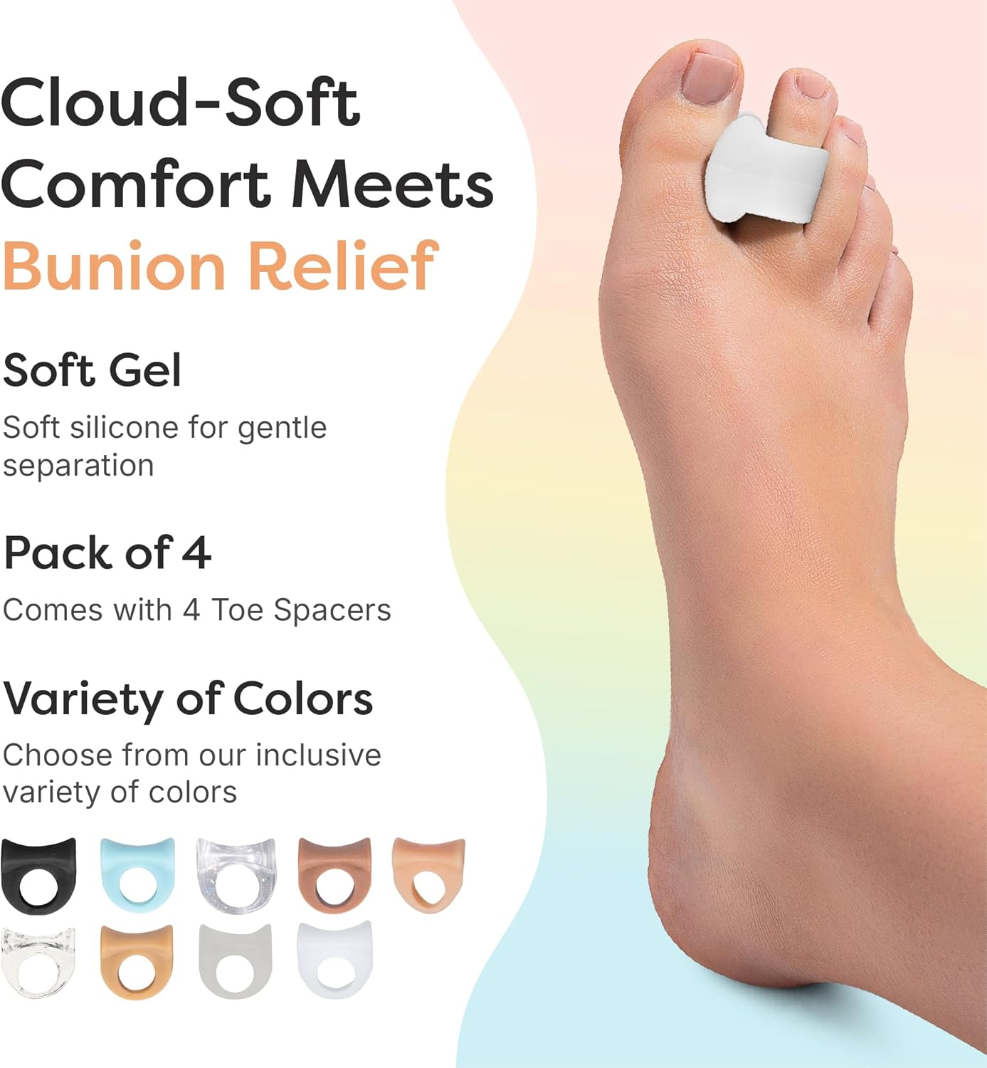 ZenToes Gel Toe Separators for Overlapping Toes, Bunions, Big Toe Alignment, Corrector and Spacer - 4 Pack (White)