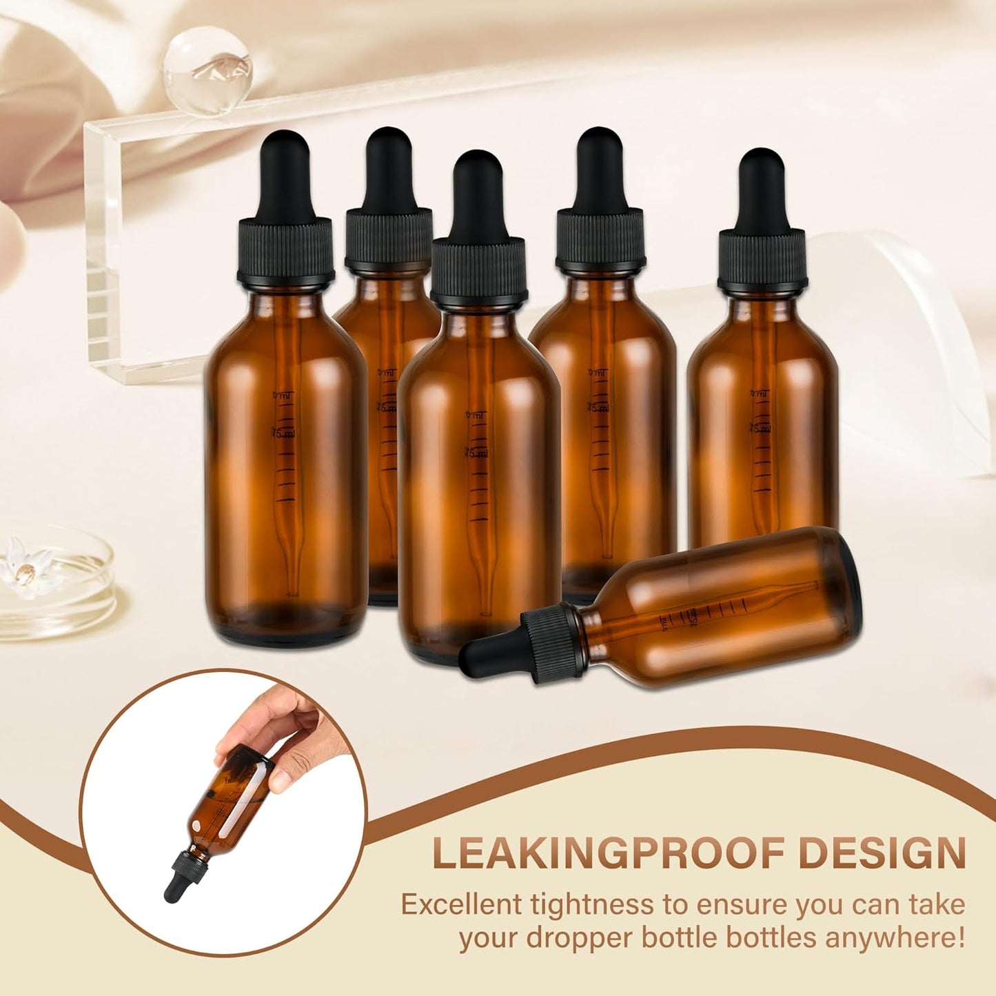6 Pcs, 2oz Amber Glass Eye Dropper Bottle, Tincture Bottles with Leak-Proof Design, Stronger Suction, for All Kinds of Mixed Liquids