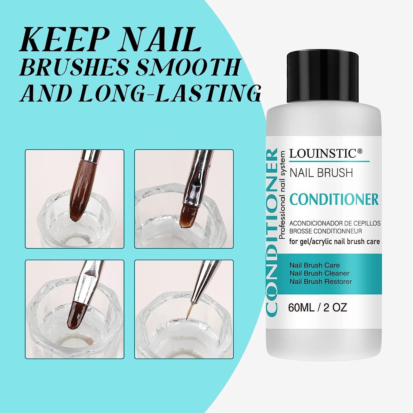 LOUINSTIC Nail Art Brush Cleaner 2 oz - Nail Brush Cleaner and Conditioner for Solid Gel Polish/Nail Extension Gel/Acrylic Nail Brushes, Quickly and Easily Acrylic Nail Brush Cleaner and Restorer