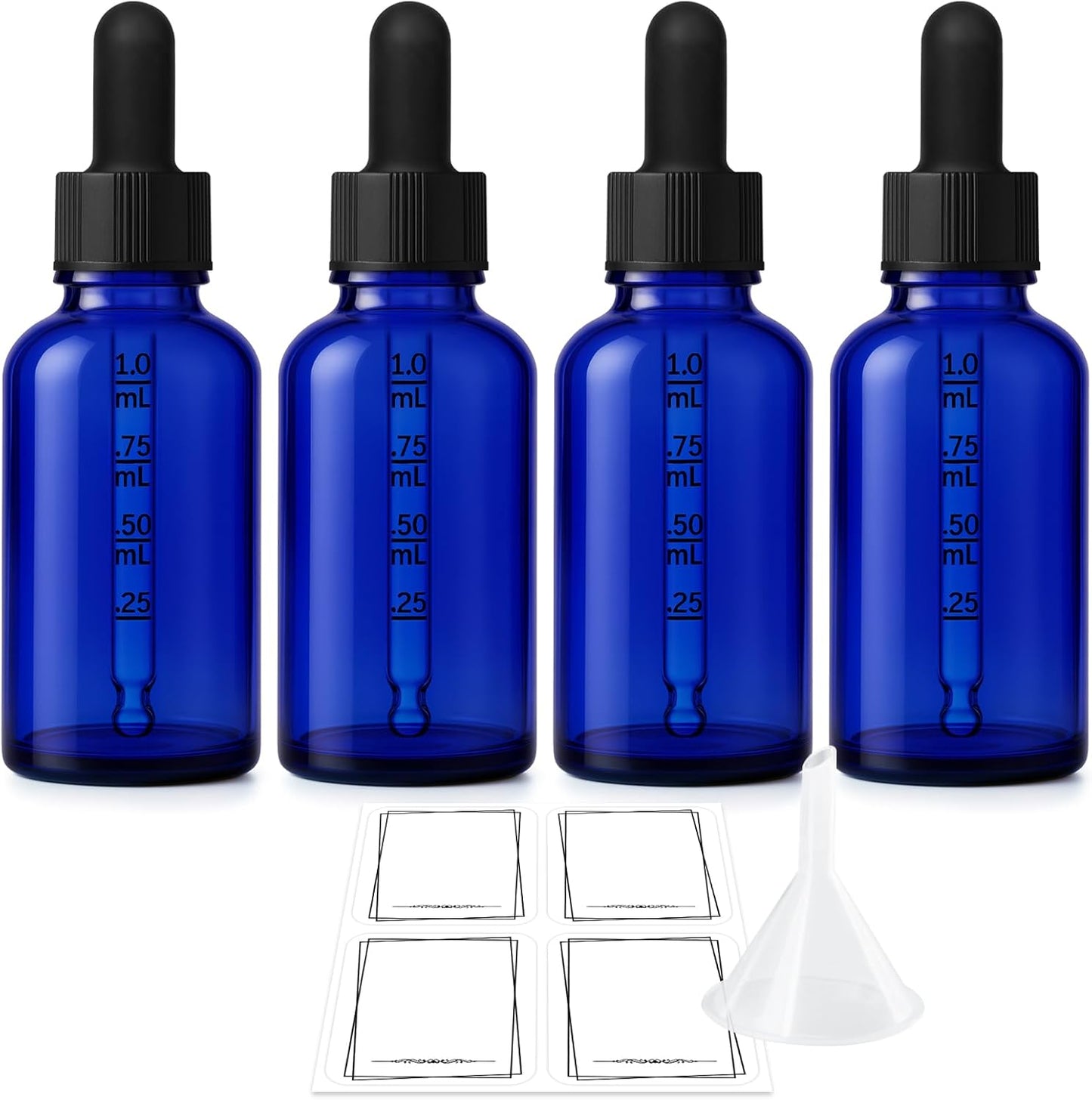 Bumobum Dropper Bottle, 1 oz Blue Glass Dropper Bottle with Measured Dropper, Empty Eye Tincture Bottles with Funnel & Labels for Essential Hair Oils Serums, 4 Pack