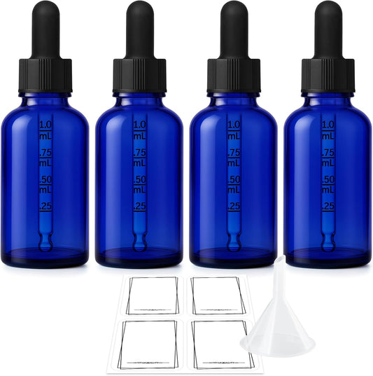 Bumobum Dropper Bottle, 1 oz Blue Glass Dropper Bottle with Measured Dropper, Empty Eye Tincture Bottles with Funnel & Labels for Essential Hair Oils Serums, 4 Pack