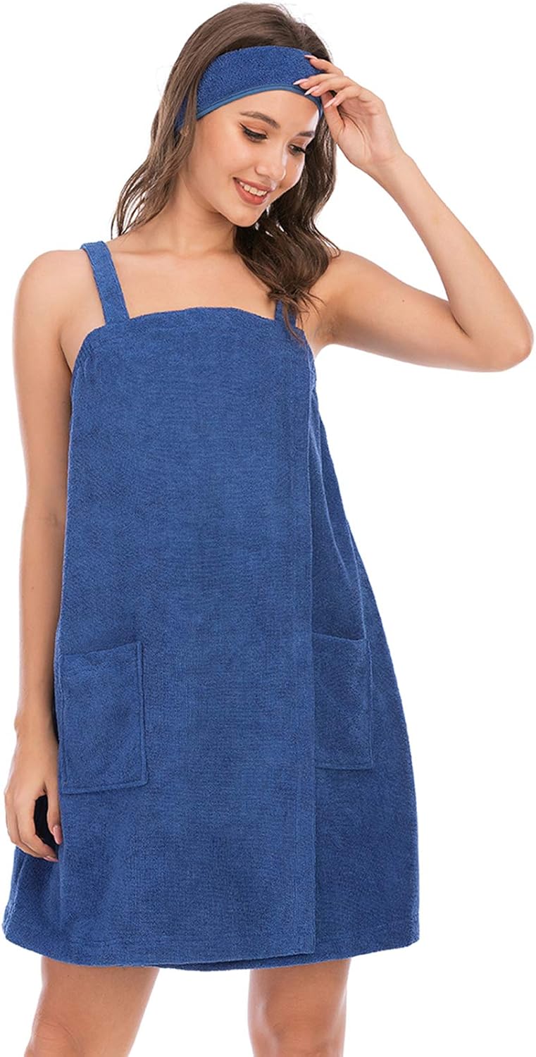 Veseacky Women Bath Wrap Towel for Womens Shower with Pocket Adjustable Spa Robe & Facial Headband