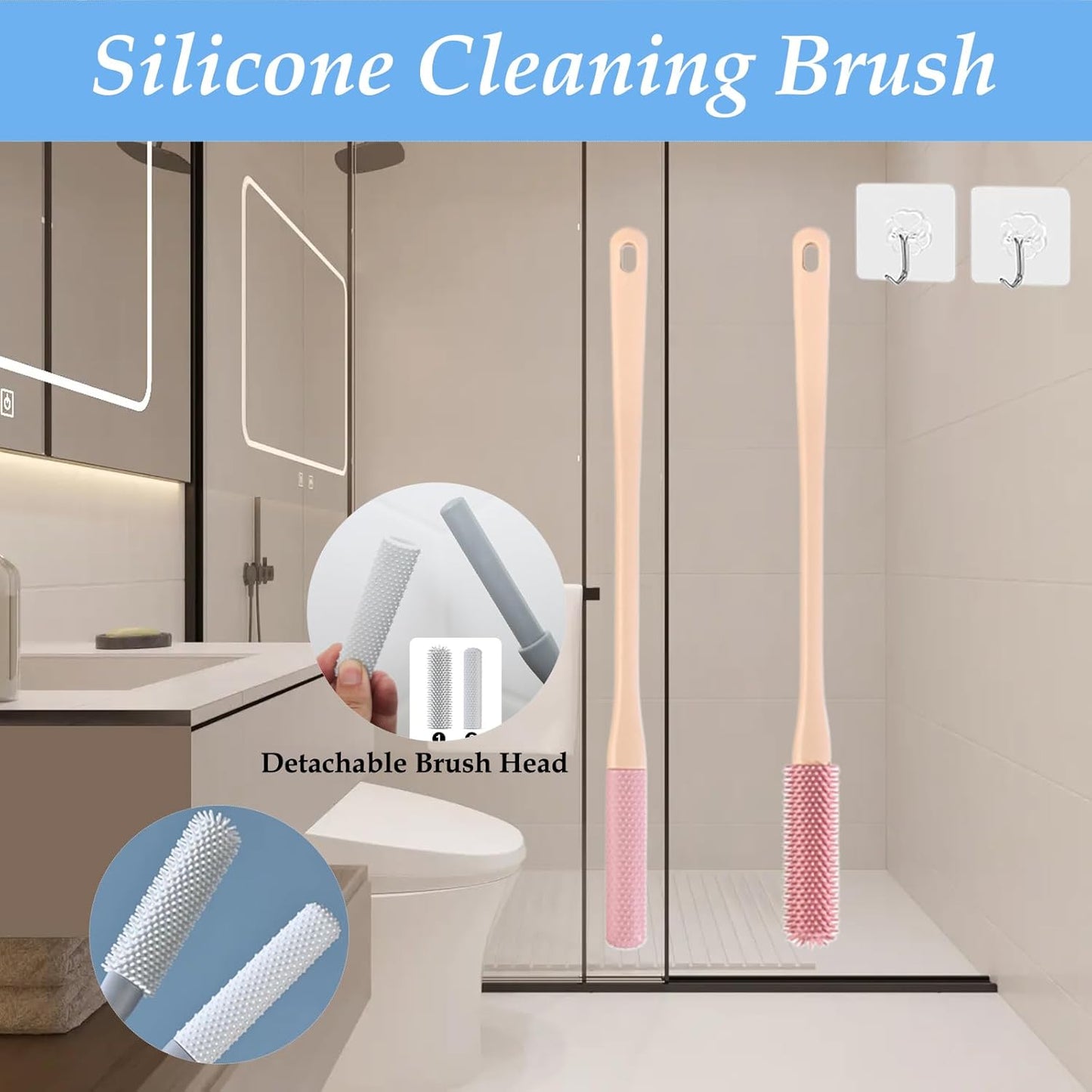 Toe Cleaning Brush,15.7" Foot Scrubber in Shower with Long Handle Shower Foot Scrubber Foot Brush Toe Scrubber for Exfoliating for Men,Women and Seniors(Pink)