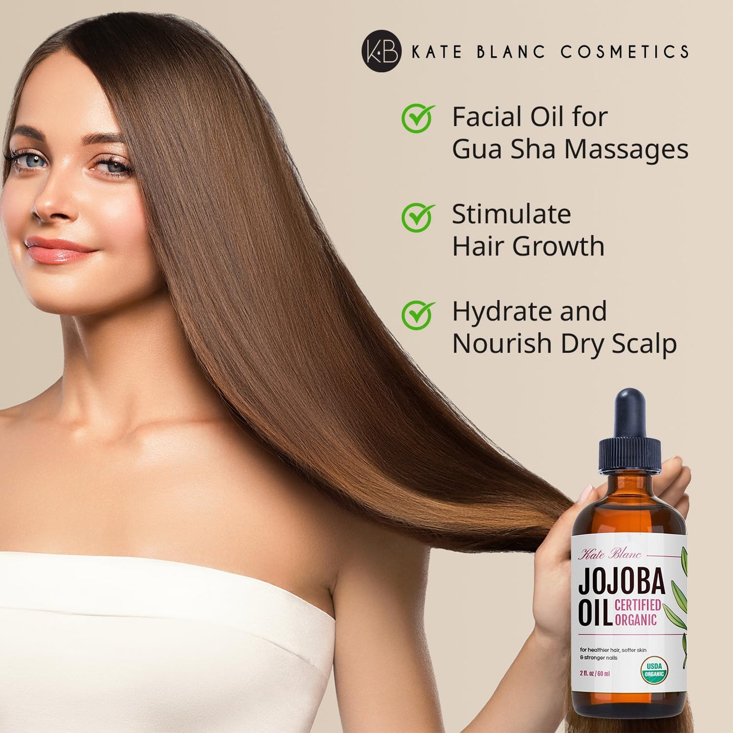 Kate Blanc Cosmetics Jojoba Oil for Softer Hair & Smoother Skin. Gua Sha Oil for Face & Dermaplaning (2oz, Organic, 100% Pure, Natural)