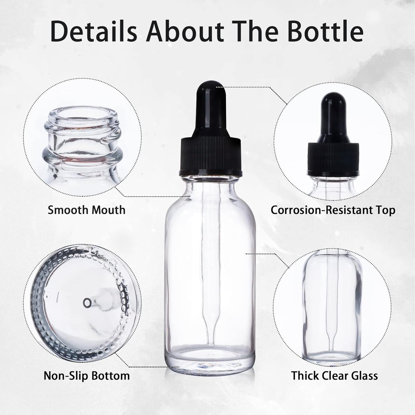 48 Pack 1oz Clear Glass Bottles with Glass Eye Droppers for Essential Oils, Perfumes & Lab Chemicals (Brush, Funnels, 2 Extra Droppers, 54 Pieces Labels & 30ml Measuring Cup Included)