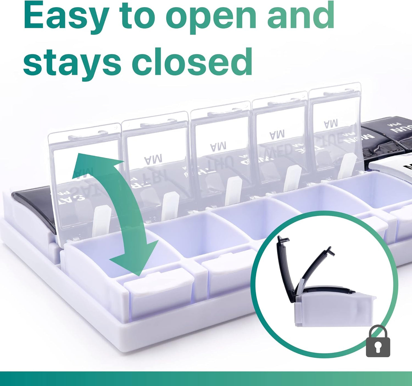 Sukuos AM PM Weekly 7 Day Pill Organizer, 2 Times A Day Pill Box with Arthritis Friendly Push Button, Medicine Cases for Vitamin/Fish Oil/Supplements, Easy to Clean (Black&White)