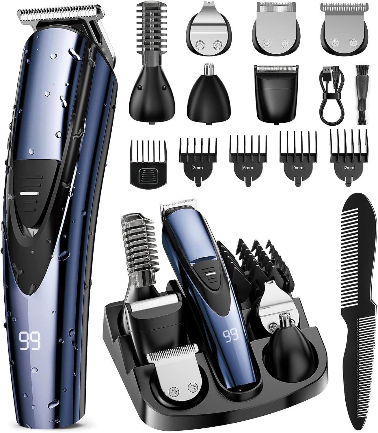SHPAVVER Electric Beard Trimmer for Men: 16-in-1 Professional Barber Hair Clippers - Cordless Grooming Kit - Turbo Speed & Precision Blades, Blue