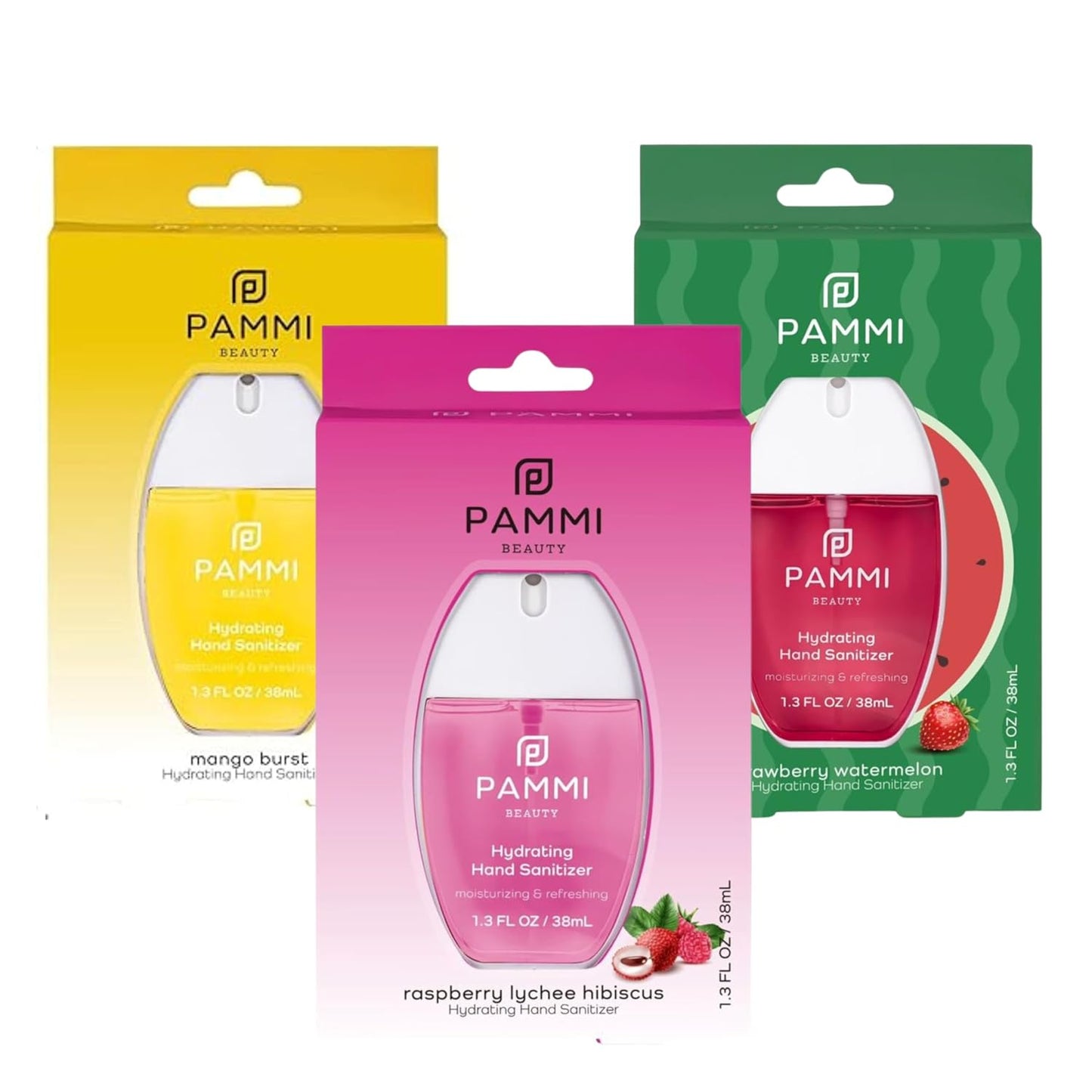 PAMMI Power Mist Hydrating Hand Sanitizer Spray, Portable Travel Size Pocket Hand Sanitizer, Scented Handsanitizer Mini Spray For Car - 600 Sprays (3 Packs (Mango, Watermelon, Lychee))