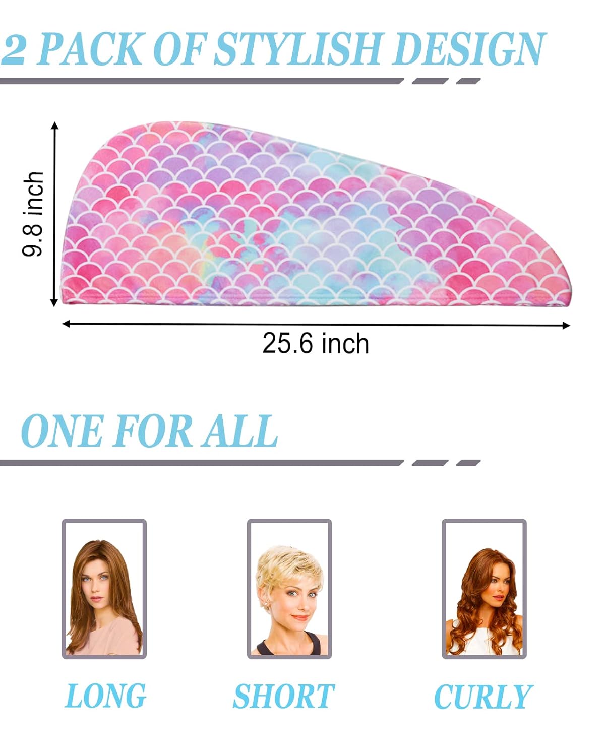 ELLEWIN Microfiber Hair Towel Wrap for Kids Girls 2 Pack Hair Turban Drying for Women Set Absorbent Quick Dry Twisty Anti Frizz Towel for Curly Long Thick Hair (Mermaid)