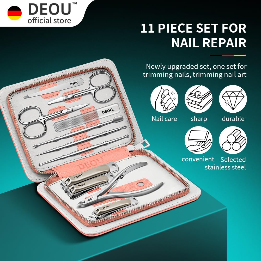 DEOU Professional Nail Set 11 in 1 stainless steel home care nail clippers, men's luxury travel leather storage box, women's beauty kit (Pink)