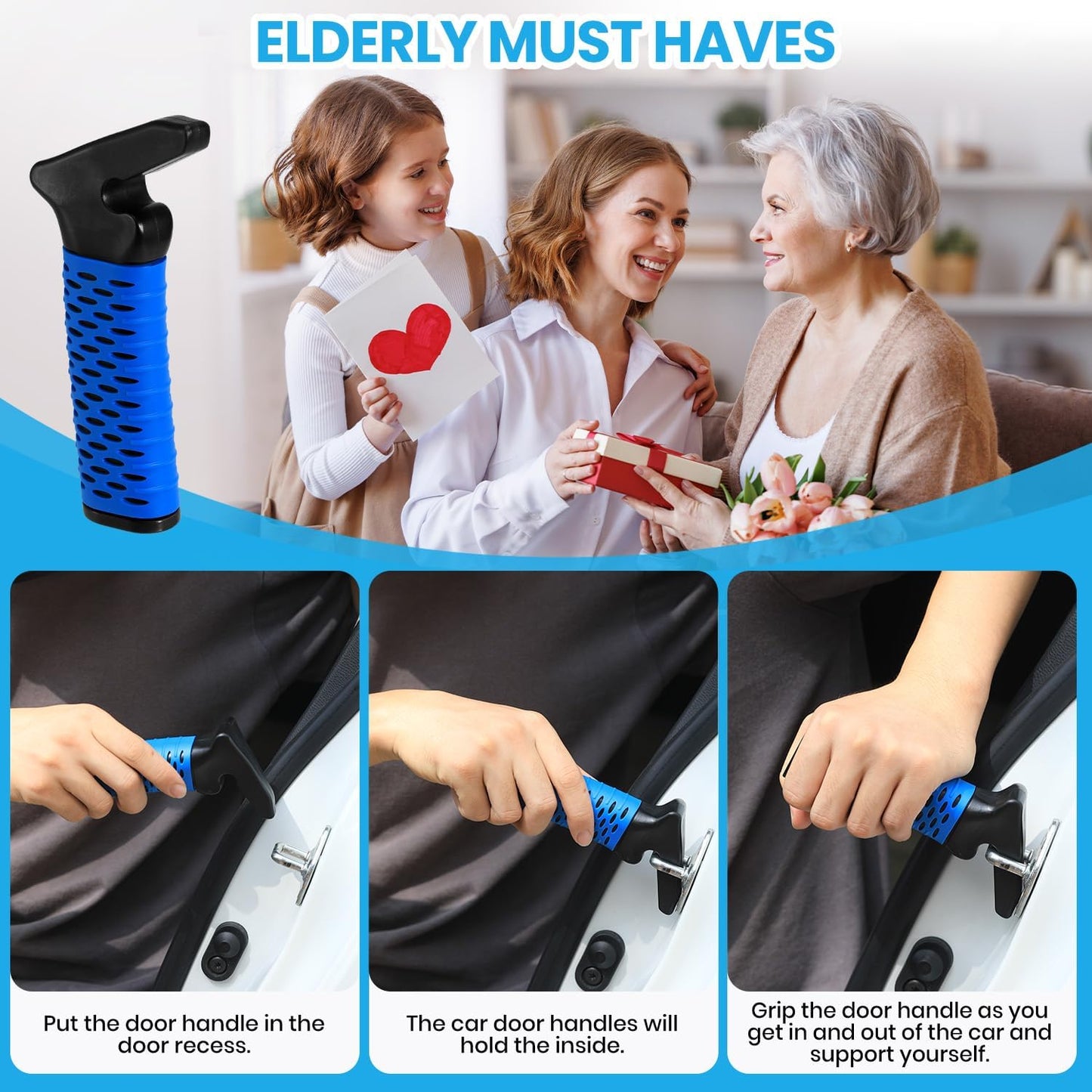Elderly Car Door Handle Assist Support - Auto Grab Cane for Seniors & Handicapped, Portable Mobility Aids for Getting Out of Car- Blue, 2 Pack