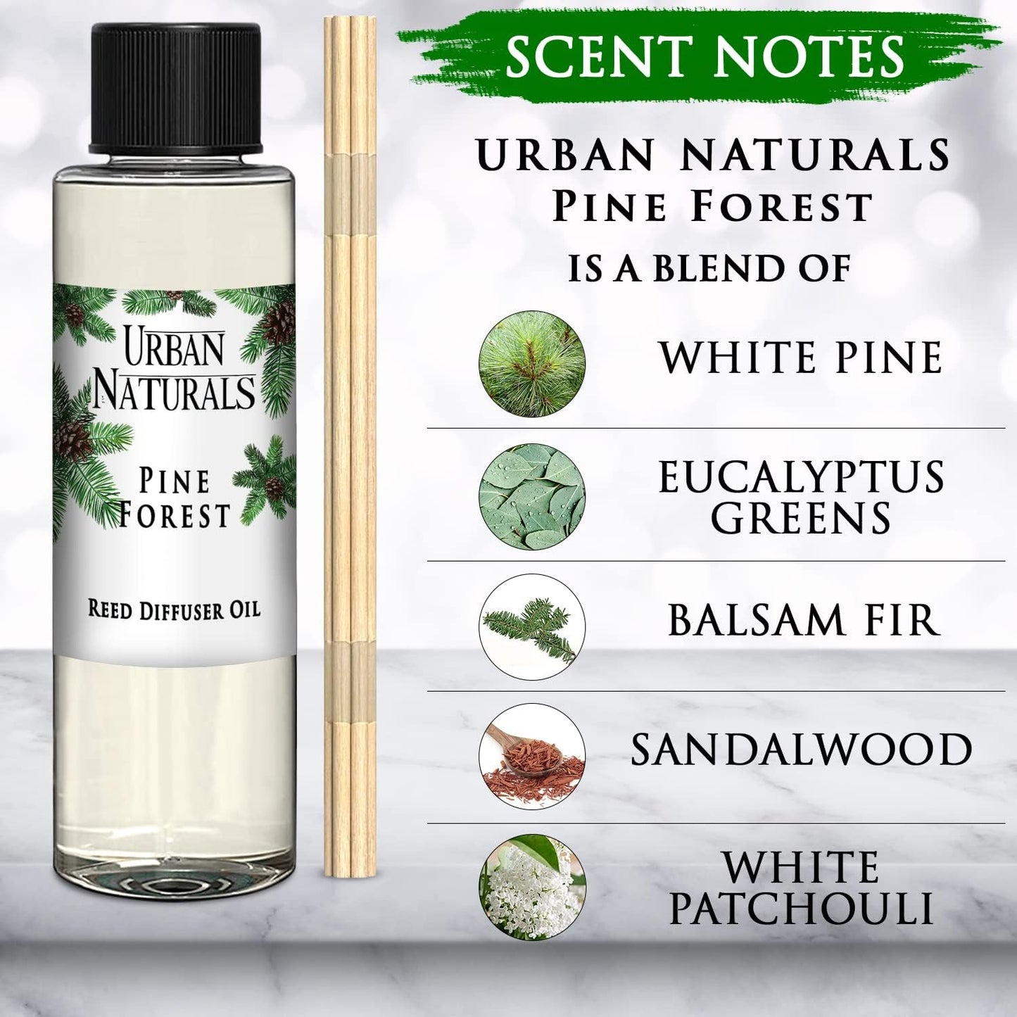 Urban Naturals Reed Diffuser Oil Refill Pine Forest, Fir Needles, Fresh Pine, Holiday Tree Aroma, 4 oz + Free Reed Sticks, Made in The USA