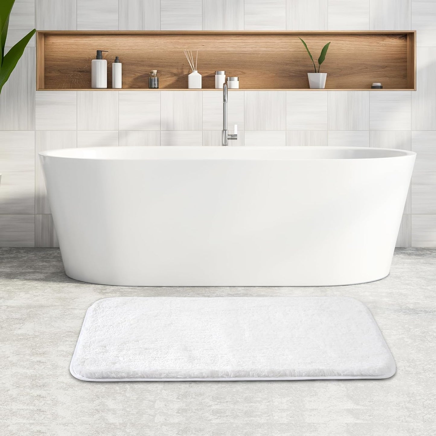 ROSMARUS Shaggy Non Slip Bath Mat 28" X48", Water Absorbent Extra Long Shower Mat, Soft Fluffy Plush Bathroom Rug Machine Washable, White