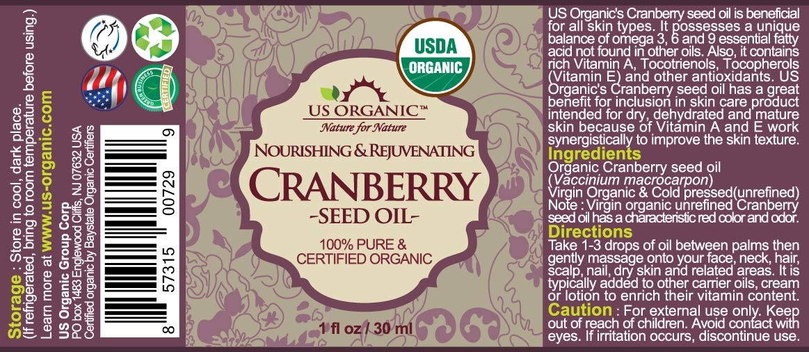US Organic Cranberry Seed Oil, USDA Certified Organic,100% Pure & Natural, Cold Pressed Virgin, Unrefined in Amber Glass Bottle w/Glass Eyedropper for Easy Application (1 oz (30 ml))