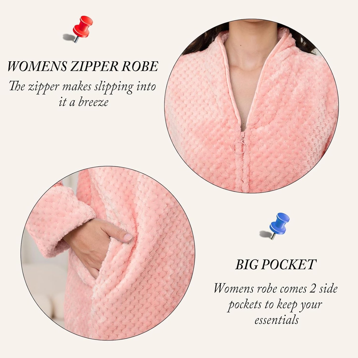 Artfasion Womens Fleece Robe Plush Long Zip Front Bathrobe with Pockets Warm Soft Zippered Bathrobes for Women