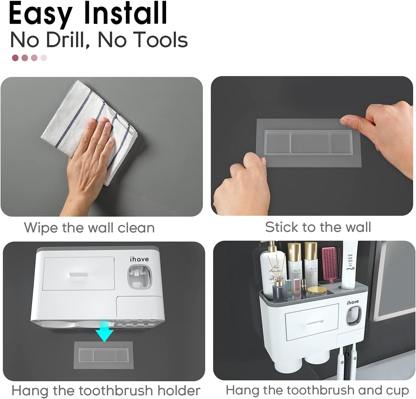 iHave Toothbrush Holders for Bathrooms, 2 Cups Toothbrush Holder Wall Mounted with Toothpaste Dispenser - Large Capacity Tray, Cosmetic Drawer - Bathroom Decor & Bathroom Accessories