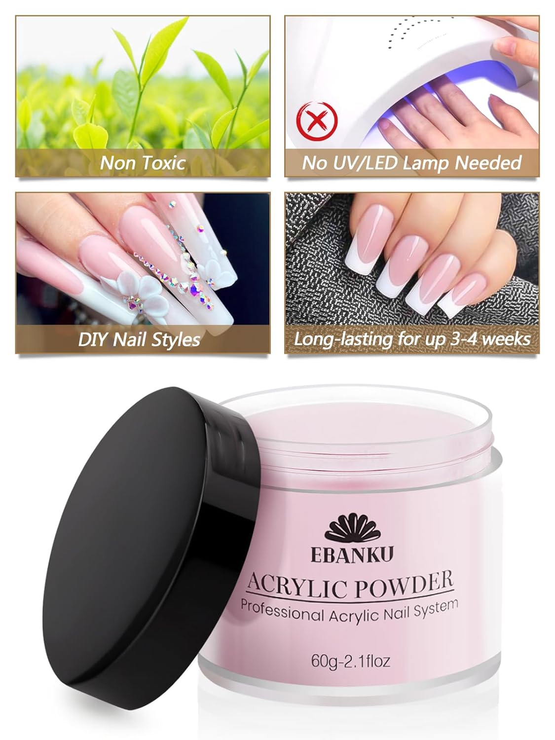 EBANKU Acrylic Nail Powder Set, 2 Colors Pink White Acrylic Powder Professional Nail Acrylic Powder for Nail Acrylic Extension, Nail Carving, Long-Lasting, No Nail Lamp Needed, 2.1 oz