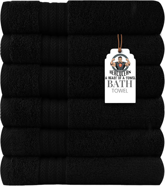 HERCULEAN Large Bath Towels 24 x 50 Pack of 6 | Quick Dry and Highly Absorbent | 100% Cotton Terry Towels for Bathroom - Perfect for Shower - Pool and Spa - Luxury Soft Towels - Black