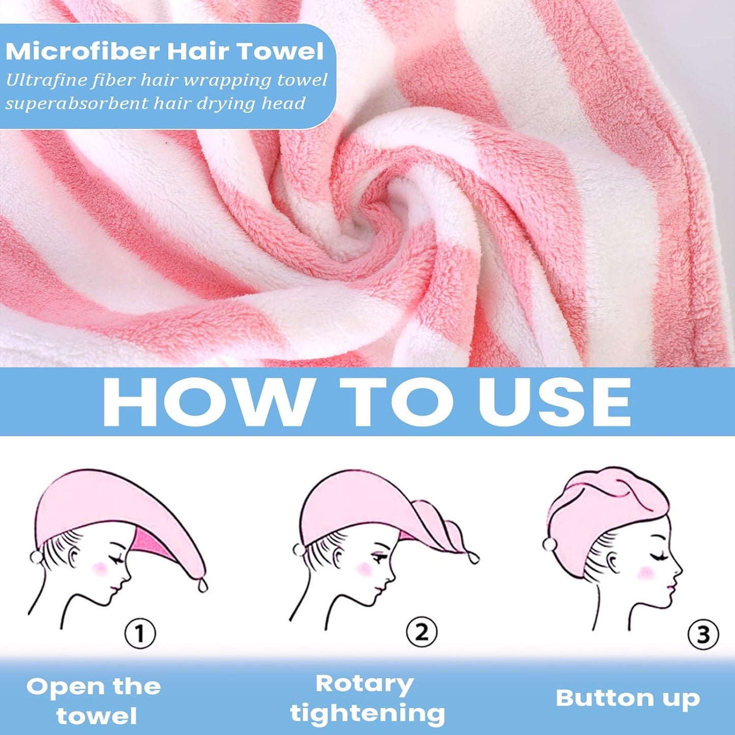 Hair Drying Towel 3 Pack - Ultra Soft Microfiber Turban Twist Hair Wrap for Women - Super Absorbent, Quick Dry Hair Towel Cap for Wet Hair (3 Colors,Striped)