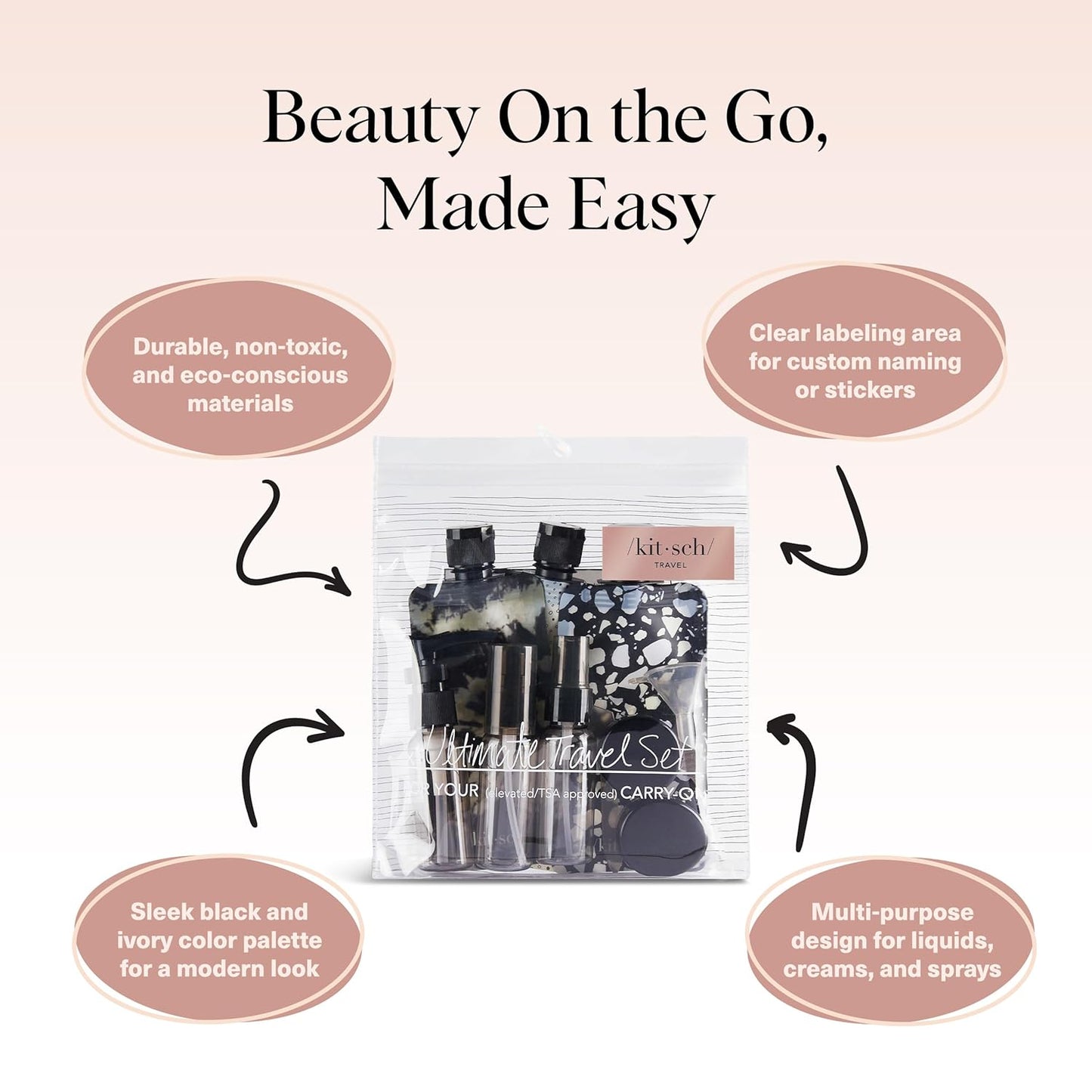 Kitsch 11 PCS Travel Bottles for Toiletries – Travel Essentials Kit for Shampoo, Conditioner, Lotion & More - TSA Approved Travel Bottles, Leak-Proof Refillable Travel Size Containers - Black & Ivory