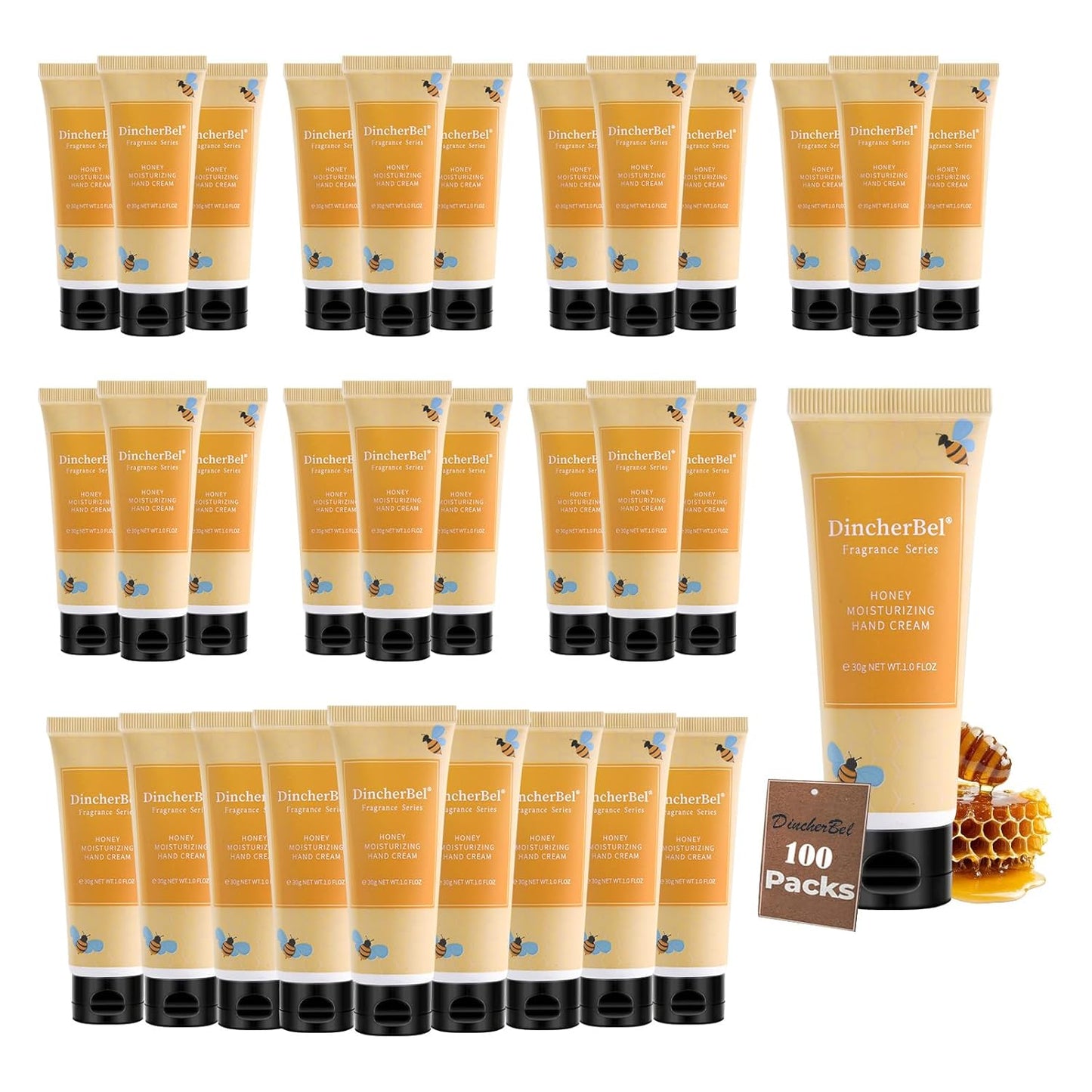 DincherBel 100 Pack Honey Moisturizing Hand Cream Bulk - Travel Size Non-Greasy Hand Lotion Set for Dry Skin, Instant Hydrating Hand Care for Women, 1.0 oz/30 ml