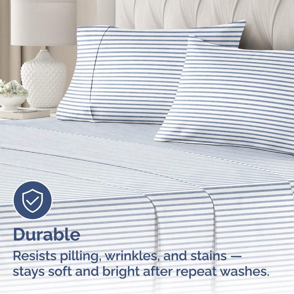 King Pillow Cases Set of 4 - Ultra Soft Hotel Quality Pillowcase Covers - Comfy, Cozy & Wrinkle Free - Shrinkage and Fade Resistant - Machine Washable Pillow Protectors - 4 Piece Set - Blue Stripes 2